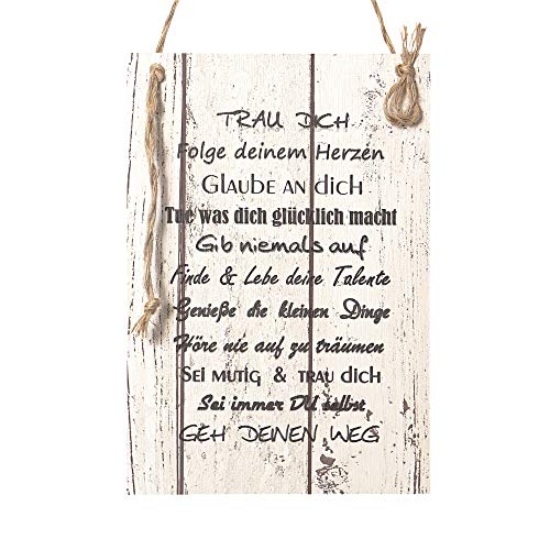 Wand Deko Holzschild mit Spruch im Shabby Chic Vintage Stil (29x20x0,5cm) TRAU Dich - die Geschenkidee Cover