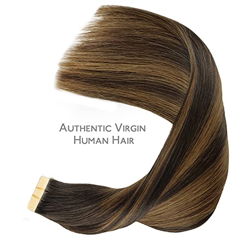 Image of WENNALIFE Tape in Hair Extensions Human Hair, 20pcs 18 inch 50g Balayage Dark Brown Mixed Chestnut Brown Remy Tape Hair Extensions Real Human Hair Extensions Coloured