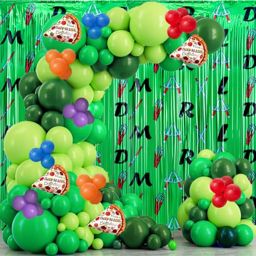 Junyaoii 153pcs Green Turtle Balloon Garland Arch Kit,Include Turtle Balloons Arch, Pizza Foil Balloon,2 Pack Turtle Themed 6.6FT x 3.3FT Sparkle Metallic Tinsel Foil Fringe Curtains Backdrop