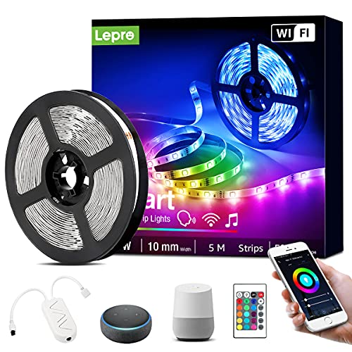 Lepro Smart LED Strip 5M Musiksteuerung,Wifi LED Streifen RGB Dimmbar, Wlan LED Band,Superhell Lichtband Selbstklebend,Farbwechsel Lichterkette mit Fernbedienung,Kompatibel mit Alexa,App,Google Home