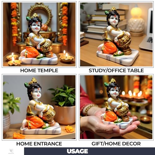 Image of UNOVATE Krishna Makhan Chor Statue Figurine Showpiece for Home Temple, Living Room & Pooja Decor | Lord Krishna Idol Showpiece for Housewarming Gift for Janmashtmi (White Marble Finish)