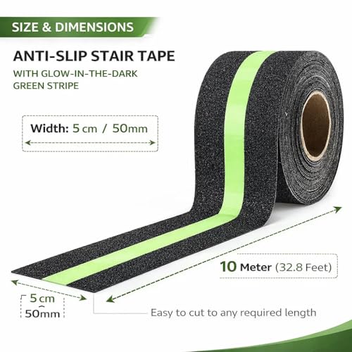 Image of YORWE Anti Slip Stair Tape with Glow in the Dark Strip - Heavy Duty Waterproof Non Slip Traction Tape for Stairs, Steps, Outdoor & Indoor Safety (Green, 10 Meter)