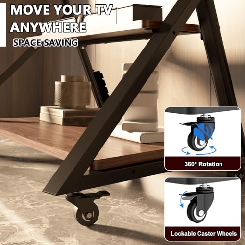 Image of Rolling TV Stand with Power Outlet, Mobile TV Stand on Wheels with Wood Shelf for 55 to 100 inch Television, Height Adjustable Portable Black TV Cart, Holds up to 220LBS, Vesa 800x600mm.
