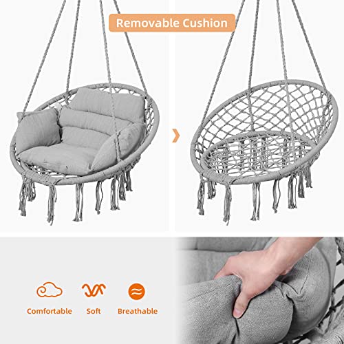 Goutime Hammock Chair, Macrame Hanging Swing Chairs with Cushion and Hardware Kit, Adult Swings for Outside,Patio,Balcony,Bedroom Gray