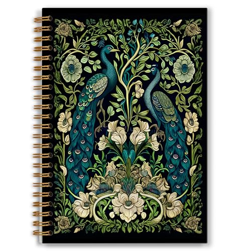 Carnet vintage floral paon 14x21 cm à spirale style William Morris