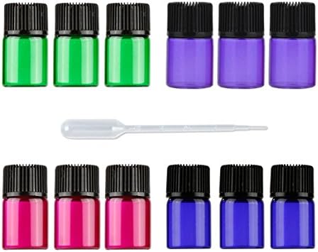 Furnido 1/4 dram 1ml Small Mixed colors Glass Sample Vials Bottle with orifice reducer black cap for aromatherapy Perfume essential oils Vials,Pack of 30-2ml Plastic Transfer Pipette included