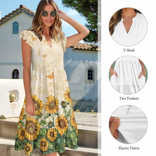 Image of Women's Casual Ruffle Sleeve Dress V Neck Pullover Dress Flowy A-Line Pleated Lightweight Dress with Pockets