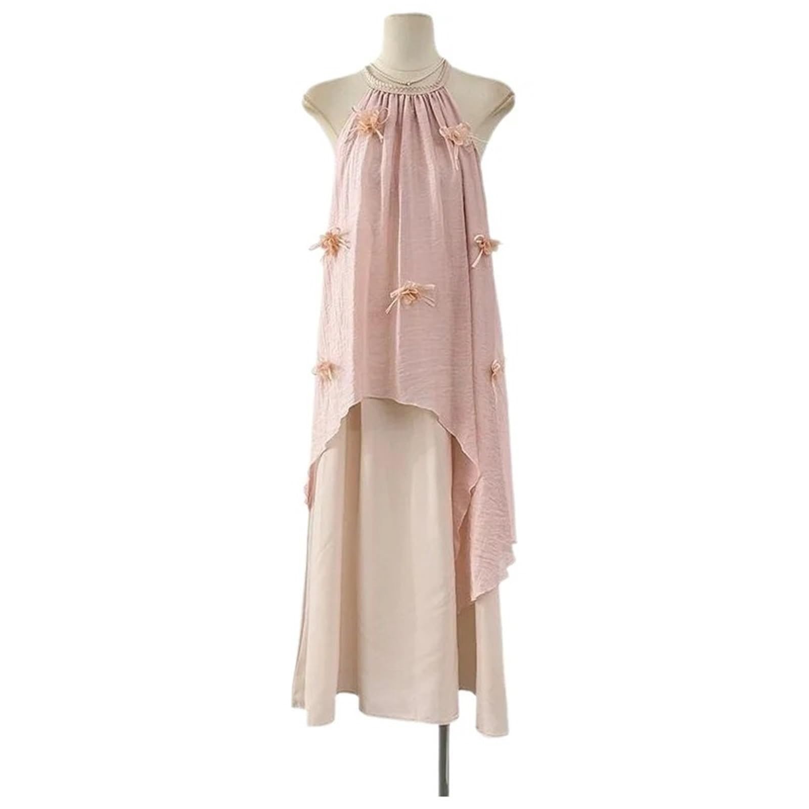Verano suave moda versátil dulce vacaciones fresco Color puro cuello colgante vestido de tirantes atmósfera elegante viento