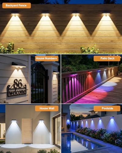 Image of 16 Pack Solar Fence Lights Outdoor ,Warm White + RGB 13 Color Mode Fence Lights Solar Powered with Ultra-Bright Lens IP65 Waterproof,Solar Wall Light for Backyard /Step /Patio /Deck /Stair /Railings /Fence