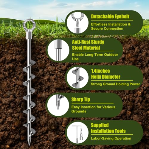 Image of Eurmax USA 4-Pack Screw in Ground Anchors,Detachable Spiral Tent Stakes,Heavy Duty Rust Proof Metal Trampoline Anchors with Drill Bit Adapter&T-Handle Tool for Canopy,Tent,Trampoline,Swing Set(Silver)