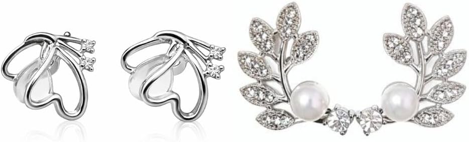 Ear Jacket Earrings Set, Crystal and Pearl, Leaf Design, Front Back Studs, 2 Pairs