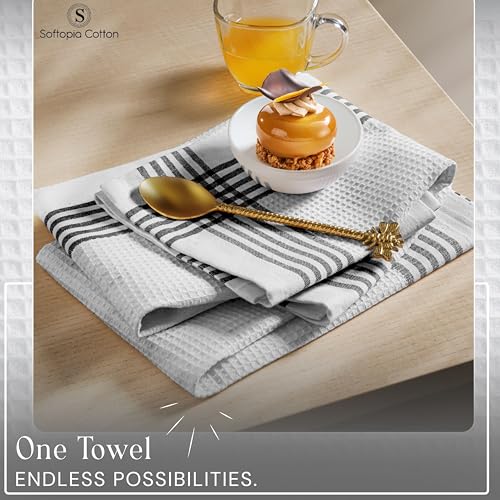 Image of Waffle White & Black 4 Pack Kitchen Dish Towels, 100% Cotton, 16x26 inches, Wash Rags for Drying Dishes, Highly Absorbent, Long Lasting Hand Towels Set for Daily Cooking & Cleaning