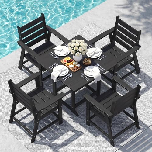 Image of 5 Piece Patio Dining Set, HDPE All-Weather Furniture with 4 Chairs & 1 Square Table, for Backyard, Garden, Garden, Black
