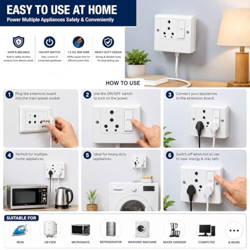 Image of 16A Extension Board with Switch, 2 Meter 1.5 Sq mm 100% Copper Wire, Heavy Duty Power Extension Socket for Refrigerator, Microwave, Washing Machine, Geyser & Iron