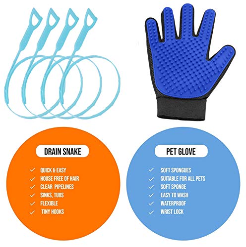 SWSI Kit - Pet Grooming Glove With 4 Pack Hair Drain Clog Remover - Pet Hair Remover - Pet Massage Mitt - Grooming Glove for Cats