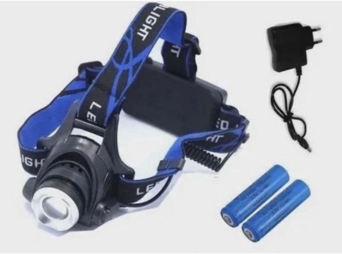 BMAX BM807 headlamp, two 18650 batteries, and a wall charger.