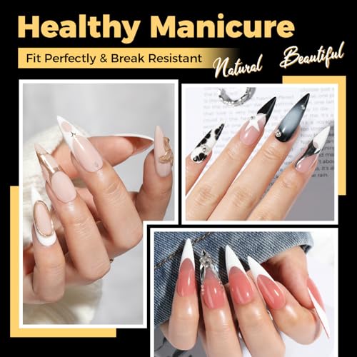 Image of UNA GELLA Long Stiletto Gel Nail Tips 600Pcs Pre Etched Long Stiletto Almond Nail Tips Clear Fake Nails Press on Nails No C Curve for DIY Art Salon at Home 12 Sizes