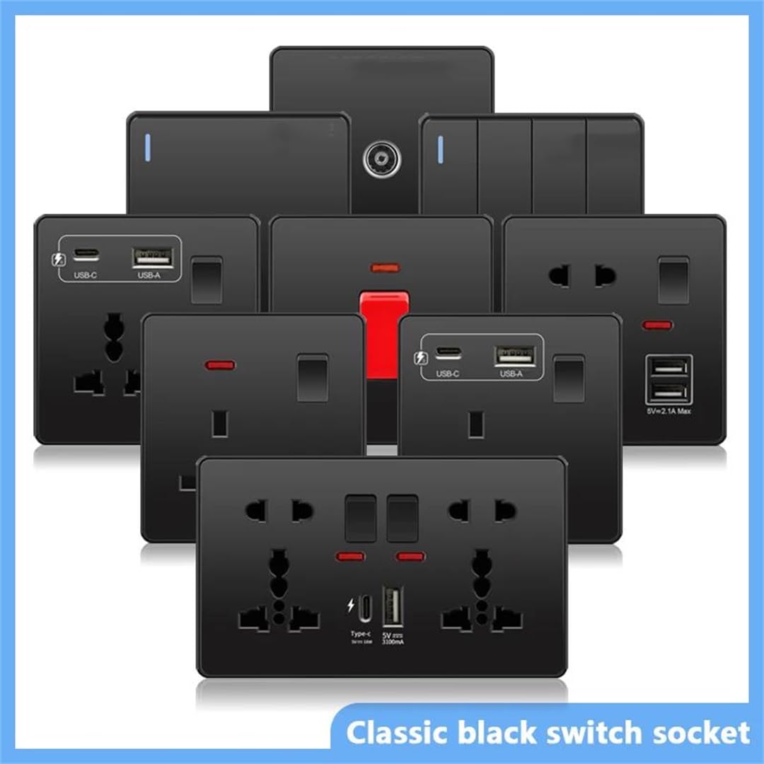 UK Schwarz USB Typ-C 18W Smart Schnelle Lade Buchse Doppel 5-Pin Power Stecker 220V Wand Licht Schalter 13A Buchse Strom 16A Schalter Strom