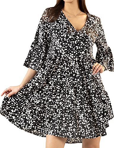 JQJ Women's Baby Doll Dress Tunic Flowy V Neck Shift Mini Casual Winter Pleated Dress Leopard Black M