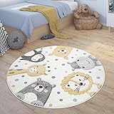 Paco Home Kinderteppich Rund Teppich Kinderzimmer Zoo Tiere Pinguin Lama Nilpferd Löwe Bär, Grösse:200 cm Rund, Farbe:Beige