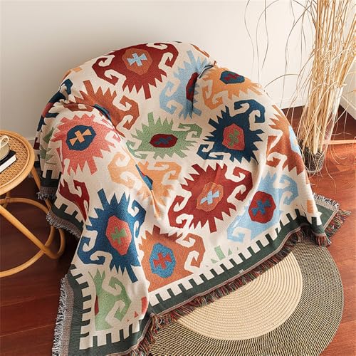 Highdi Throw for Sofa Large, Bohemian style Soft Blanket Decorative Throw Blanket with Fringe, 1 2 3 4 Seater Sofa Throws, Travel Nap Blanket for Chair Couch Bed and Armchair (multicolor,130x180cm)