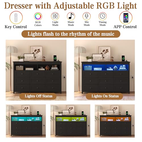Image of Wodeer 9 Drawer Dresser for Bedroom with LED Lights, Charging Station, Wood Chest of Drawers with Metal Handles, Modern TV Stand & Storage Organizer for Living Room, Hallway, Black