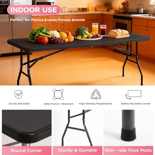 Image of FDW 8FT Folding Table, Portable Fold-in-Half Plastic Picnic Party Table with Carrying Handle (Black, 8FT)
