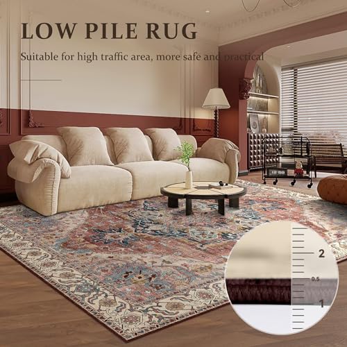Deerly Vintage Area Rug 5x7 Boho Washable Rug for Living Room Bedroom Non Slip Low Pile 5x7 Rug for Kitchen Entryway Bedroom Dining Room Office, Brickred/Multi