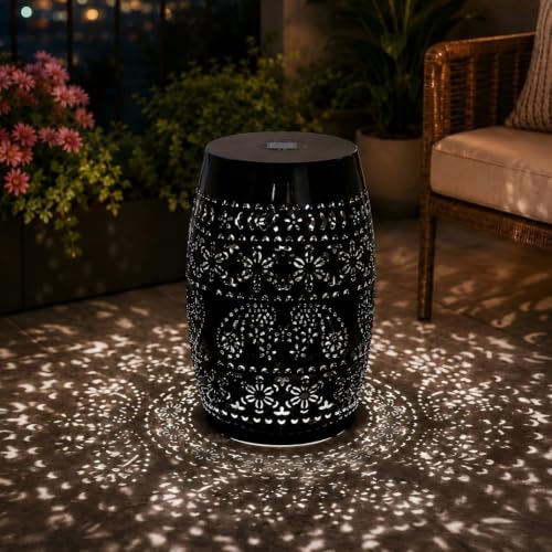Zentrava 12 Outdoor Solar Side Table Decorative Cutout Metal Round Side Table Multi Functional - Coffee Table Night Stand Plant Stand for Patio Garden Backyard Gazebo Indoor (Black)