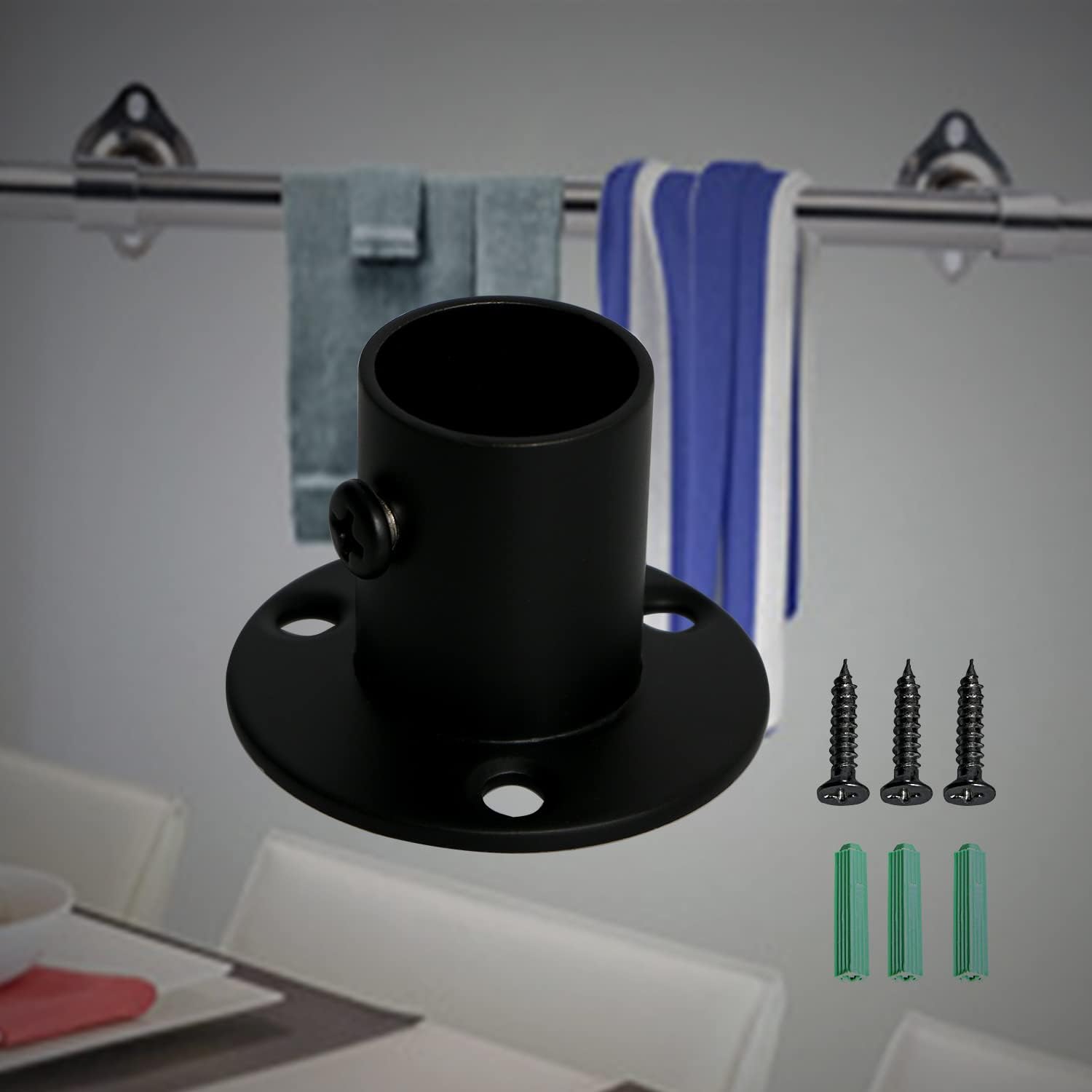 Closet Rod Bracket Flange Socket Kit with Matte Black Finish 19mm / 3/4" Wardrobe Rod Brackets Curtain Rod End Supports Rod Holder Brackets Stainless Steel, Closet Pole Socket Brackets 4 Pcs