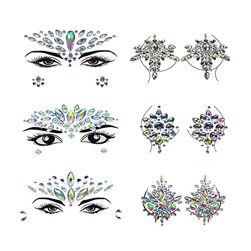6 Sets Face Gems, Halloween Waterproof Crystals Facial Jewels Tattoos Tick on Eyes Face Fit Rhinestone Temporary Stickers for Halloween Party Carnival Decorations for Women Girls