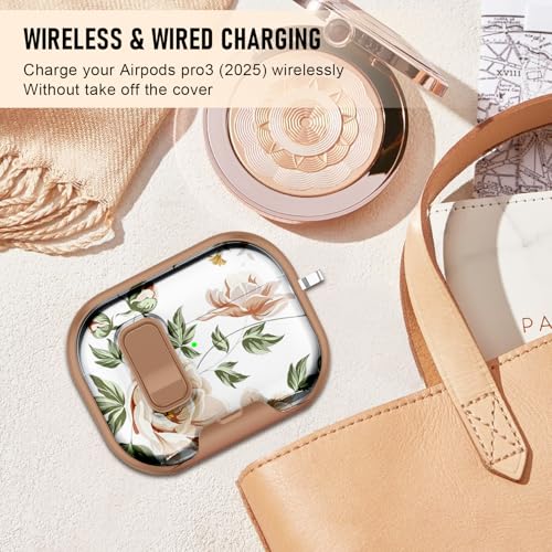 Image of Compatible Airpods Pro 3 Case (2025) with Phone Stand & Cleaner Kit,Cute Flower Print Soft Silicone Lock Clip Apple AirPods Pro 3rd Generation Case, Airpod Pro 3 Cover with Keychain for Women /Girls
