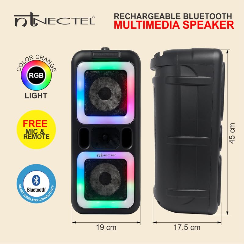 Image of 50W Portable Multimedia Bluetooth Party Speaker with Dual 4 inch Drivers, RGB Lights, FM /USB /TF /AUX, Mic Input + Remote, Built‑in Battery for Party use (3H Playtime)