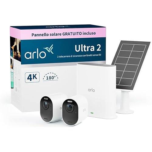 Arlo Ultra 2 Telecamera WiFi Esterno Senza Fili + Pannello Solare, Telecamera WiFi Interno, 4K UHD, Sensore Di Movimento, Audio Bidirezionale, Prova Arlo Secure Inclusa, 2 Telecamere, Nere