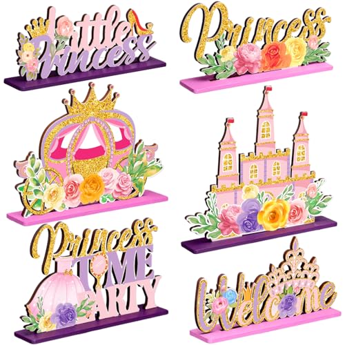 Image of 6 Pcs Princess Party Centerpieces Floral Wooden Princess Theme Table Decorations Castle Crown Carriage Pink Gold Topper Decors for Girls Birthday Spring Party Flower Baby Shower Home Indoors