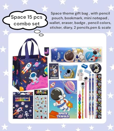 Image of 15 items in 1 combo Space Galaxy Stationery Gift Set for Kids, Astronaut Theme Bag, Ages 6-12 Years, diary, pen,pencil,eraser,colors,coin pouch & more