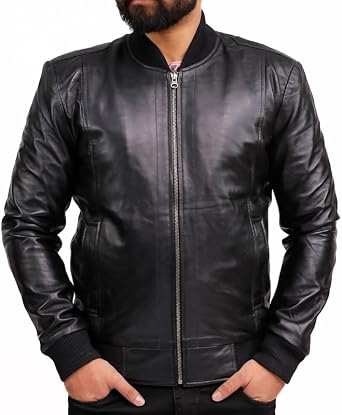 Mens Classic Real Lambskin Black Bomber Jacket - Casual Fashion Varsity Style Leather Bomber Jacket Men