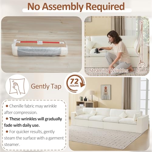 Image of 146''Cloud Boneless Sectional Couch, Modular Sectional Sofa Deep Seat, Oversized Upholstered Convertible Comfy 4 Seater Chenille Memory Foam Sofa Couches for Living Room, Beige