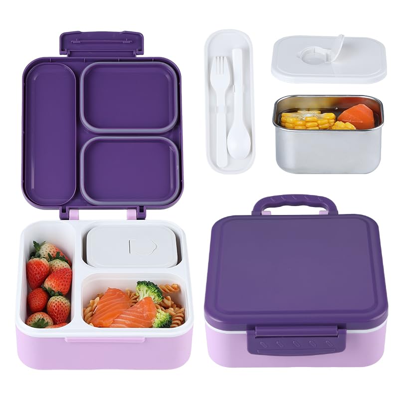 MEEYUU Bento Lunch Box with 330ML Soup Thermo, Kids Leakproof Lunch Food Containers with 3 Compartment, Kids Thermo Insulated Hot Food Jar for School, Trvael (Purple)