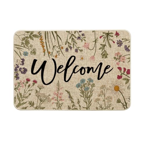 Artoid Mode Welcome Antique Hierbas Silvestres Flores Primavera Felpudo Decoración Hogar Cocina Alfombra de Suelo Antideslizante para Interior Exterior Decoración 40 x 60 cm