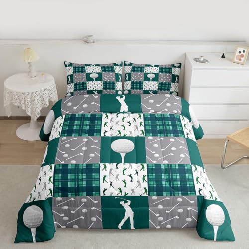Image of Feelyou Golf Comforter Set Queen Size Green Plaid Buffalo Check Geometric Bedding Set for Kids Boys Girls Sports Theme Duvet Quilt Bedroom Decor Microfiber 3 Pcs with 2 Pillow Cases