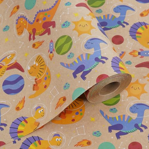 Aimyoo Dinosaur Wrapping Paper Mini Roll - 17" x 60 ft - Space Dino Party Gift Wrap for Boys Kids Birthday Party Favor