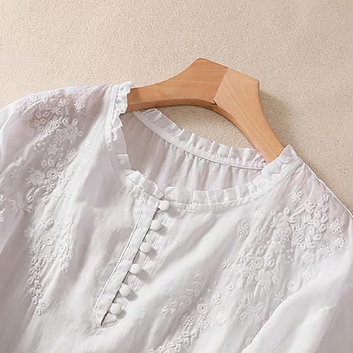 Women's Cotton Linen Button Short Sleeve Shirts Summer Loose Crew Neck Casual Boho Top Vintage Embroidered Blouse Tops4