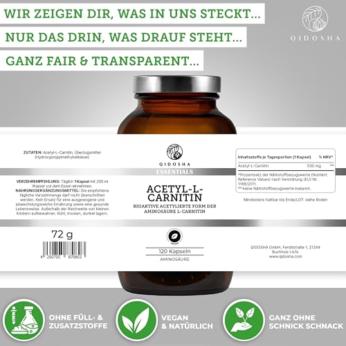 QIDOSHA® Acetyl L Carnitin Kapseln bioaktiv, erhöhte Bioverfügbarkeit, 120 Kapseln/Glas, 500mg/Kapsel, vegan, bioaktive acetylierte Form der Aminosäure L-Carnitin, in Deutschland produziert