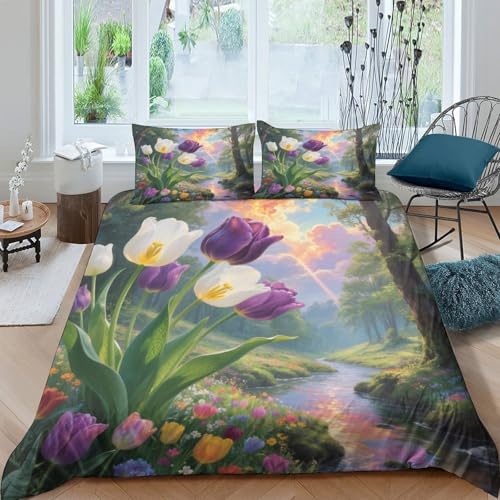 Housse de couette tulipe 3D microfibre facile à laver avec taie d'oreiller