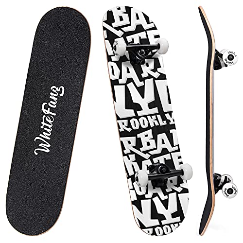 Image of WhiteFang Skateboards for Beginners, Complete Skateboard 31 x 7.88, 7 Layer Canadian Maple Double Kick Concave Standard and Tricks Skateboards for Kids and Beginners