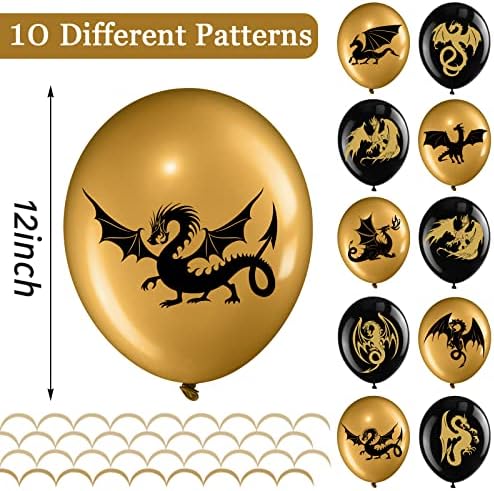 50 Pieces Dragon Party Supplies,Dragon Party Balloons, Black Gold Dragon Birthday Decoration Balloons Dragon Party Picks Fantasy Party for Dragon Fantasy Party Supplies,12 Inches