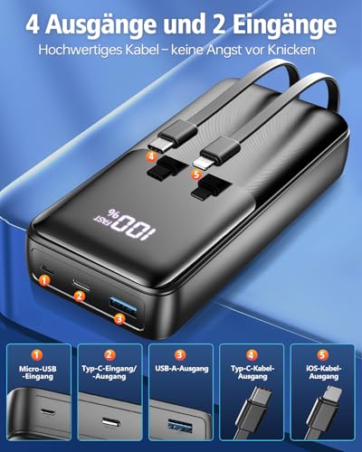 Power Bank 40000mAh 22,5W Powerbank PD USB-C Schnellladefunktion, Tragbares Ladegerät mit 3 Anschlüssen & 2 integrierten Kabeln, Externer Akku kompatibel mit iPhone 17 16 15 14 13, Android und mehr 2