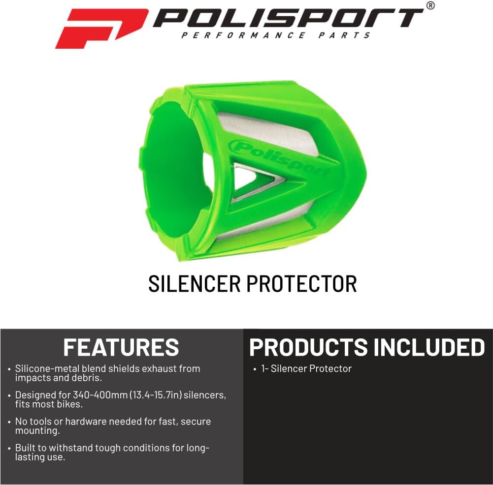Polisport Silencer Protector (340-400mm/13.4-15.7in) - Durable Silicone-Metal Motorcycle Exhaust Guard, Easy Install, Universal Fit (Green)