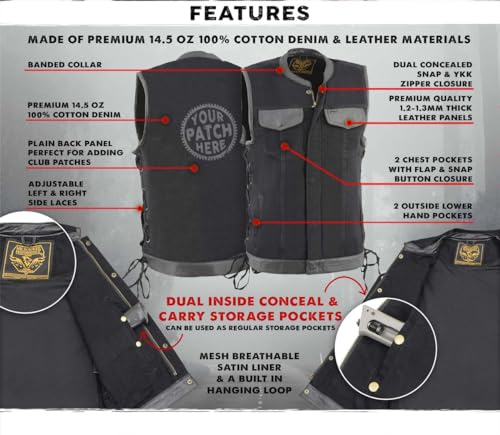 Milwaukee Leather MDM3011 Men's Black 'Hidden Zipper' Side Lace Motorcycle Rider Denim Vest w/Leather Trim2